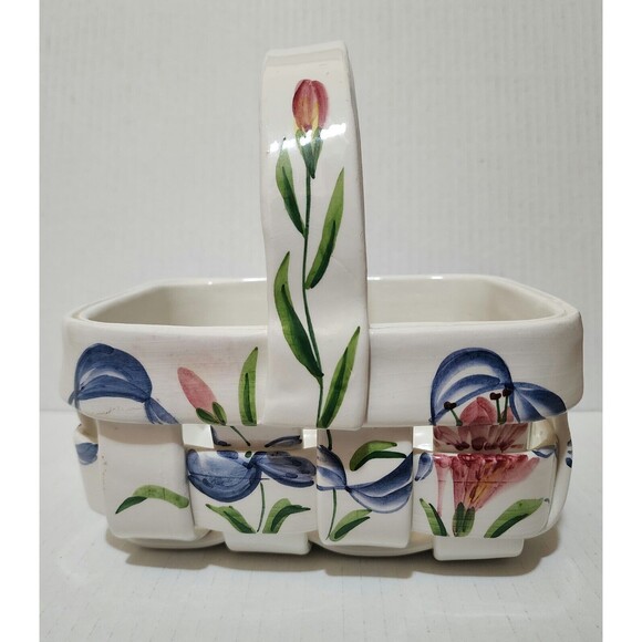 Hand Painted Italian Pottery Ceramic Woven Basket with Handle Floral Design - Picture 4 of 11